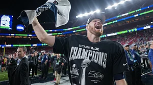 | Photo: AP/Matt Slocum : Seattle Seahawks quarterback Sam Darnold celebrates after a win over the New England Patriots in the NFL Super Bowl 60 football game, Sunday, Feb. 8, 2026, in Santa Clara, Calif.