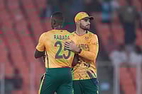 | Photo: AP/Ajit Solanki : South Africa's captain Aiden Markram, right, and South Africa's Kagiso Rabada after wining against Canada during the T20 World Cup cricket match in Ahmedabad.