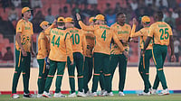 Photo: AP : South Africa's Lungi Ngidi, third from right, celebrates with teammates the wicket of Canada's Yuvraj Samra during the T20 World Cup match between Canada and South Africa in Ahmedabad.