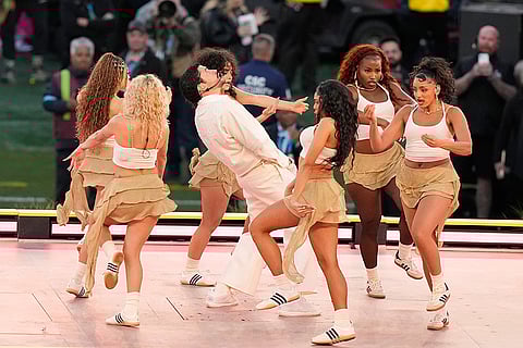 Bad Bunny performs during halftime of the NFL Super Bowl 60 football game between the Seattle Seahawks and the New England Patriots  in Santa Clara, California.