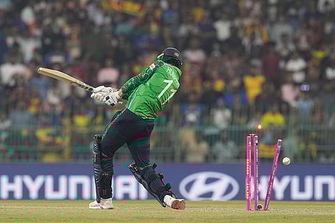 Ireland's Matthew Humphreys bowled out by Sri Lanka's Matheesha Pathirana during the T20 World Cup cricket match between Sri Lanka and Ireland in Colombo, Sri Lanka.