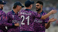 Scotland Vs Italy LIVE Score, T20 World Cup 2026: Azzurri Win Toss On Tournament Debut, Bowling First | Photo: AP/Bikas Das : Scotland's Safyaan Sharif, right, celebrates with teammates the wicket of West Indies' Shimron Hetmyer during the T20 World Cup cricket match between Scotland and West Indies in Kolkata, India, Saturday, Feb. 7, 2026.