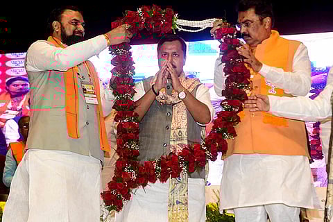 BJP National President Nitin Nabin is felicitated by Bihar Deputy Chief Minister Samrat Choudhary and other party leaders during a function at Bapu Sabhagar, in Patna.
