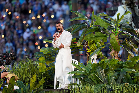 Ricky Martin performs during halftime of the NFL Super Bowl 60 football game between the New England Patriots and the Seattle Seahawks in Santa Clara, California.