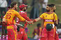 Zimbabwe VS Oman, ICC T20 World Cup 2026: Chevrons Cruise To Eight-Wicket Win In Colombo | Photo: AP/Eranga Jayawardena : Zimbabwe's captain Sikandar Raza, right, Brian Bennett, left, celebrate after winning their T20 World Cup cricket match against Oman in Colombo, Sri Lanka.
