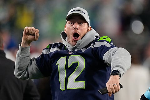 Actor Chris Pratt celebrates after the Seattle Seahawks defeated the New England Patriots in the NFL Super Bowl 60 football game in Santa Clara, California.