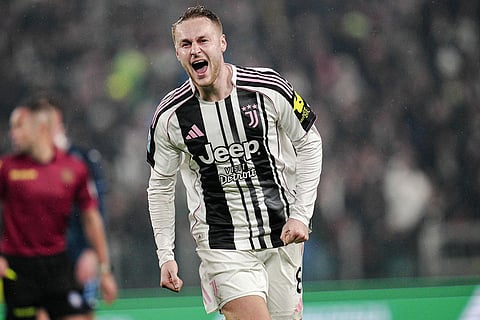 Juventus' Teun Koopmeiners celebrates scoring during the Serie A soccer match between Juventus and Lazio in Turin, Italy.