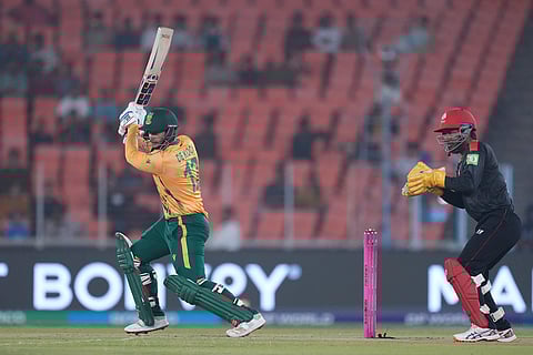 South Africa's Quinton de Kock plays a shot during the T20 World Cup cricket match between Canada and South Africa in Ahmedabad.