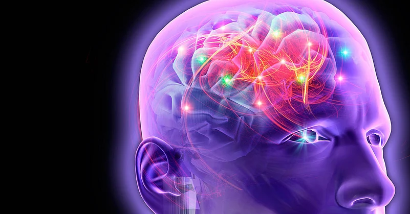 Illustration of a human head with a glowing brain and neural activity