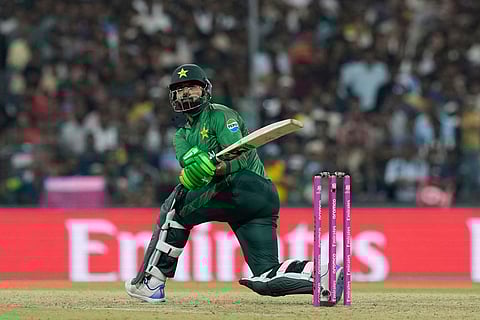 Pakistan's Shadab Khan plays a shot during the T20 World Cup cricket match between Pakistan and the United States iin Colombo, Sri Lanka.