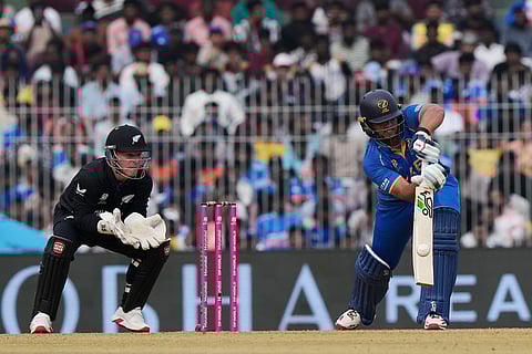 United Arab Emirates' Alishan Sharafu plays a shot during the T20 World Cup cricket match between New Zealand and United Arab Emirates in Chennai, India.