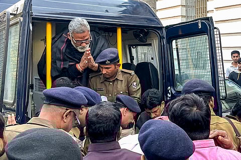Independent MP Pappu Yadav arrives from jail to appear at the civil court, in Patna, Tuesday, Feb. 10, 2026. Yadav was arrested in February 2026 in connection with a 31-year-old 1995 case involving alleged document forgery. 