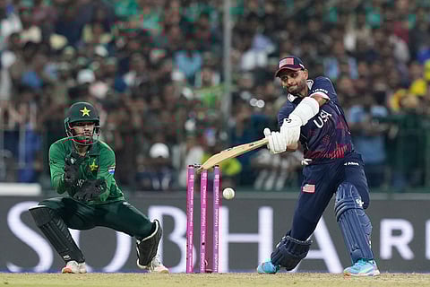 United States' Milind Kumar plays a shot during the T20 World Cup cricket match between Pakistan and the United States in Colombo, Sri Lanka.