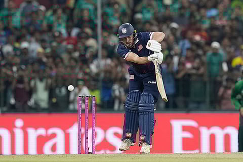 United States' Andries Gous plays a shot during the T20 World Cup cricket match between Pakistan and the United States in Colombo, Sri Lanka.