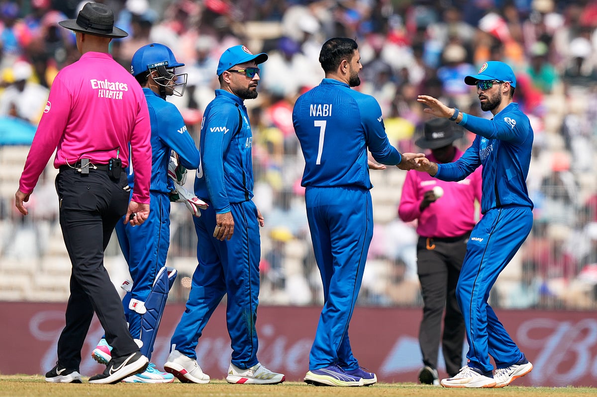 Afghanistan's Mohammad Nabi celebrates with teammates the wicket of New Zealand's Tim Seifert during the T20 World Cup cricket match between Afghanistan and New Zealand in Chennai, India, Sunday, Feb. 8, 2026.  - | Photo: AP/Mahesh Kumar A.