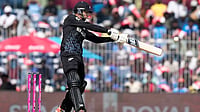 NZ Vs UAE Live Streaming, T20 World Cup 2026: Check Chennai Weather Forecast, Pitch Report - All You Need To Know | Photo; AP/Mahesh Kumar A. : New Zealand's captain Mitchel Santner bats during the T20 World Cup cricket match between Afghanistan and New Zealand in Chennai, India.