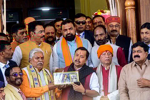 Bihar Deputy Chief Minister Samrat Choudhary, with state Assembly Speaker Prem Kumar, and BJP National President Nitin Nabin during the Budget session of the state Assembly, in Patna.