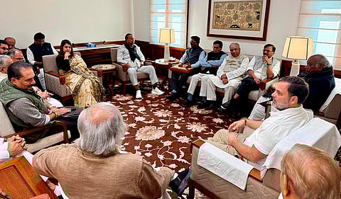 LoP in the Rajya Sabha and Congress President Mallikarjun Kharge, LoP in the Lok Sabha Rahul Gandhi, party MP Jairam Ramesh and other leaders, attend a meeting at Parliament House complex, in New Delhi. 