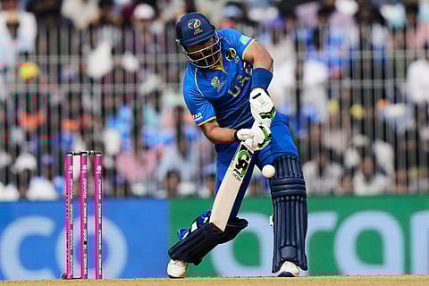 United Arab Emirates' captain Muhammad Waseem plays a shot during the T20 World Cup cricket match between New Zealand and United Arab Emirates in Chennai, India.