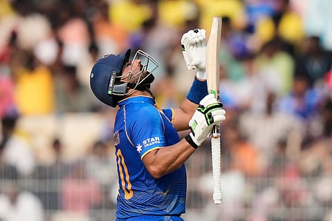 United Arab Emirates' captain Muhammad Waseem celebrates his fifty runs during the T20 World Cup cricket match between New Zealand and United Arab Emirates in Chennai, India.