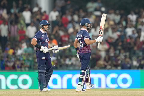 United States' Shubham Ranjane, right, celebrates his fifty runs during the T20 World Cup cricket match between Pakistan and the United States in Colombo, Sri Lanka.