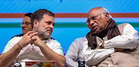 LoP in the Lok Sabha Rahul Gandhi and Congress President Mallikarjun Kharge during the DCC Presidents' Training Programme at Indira Bhawan, in New Delhi. 