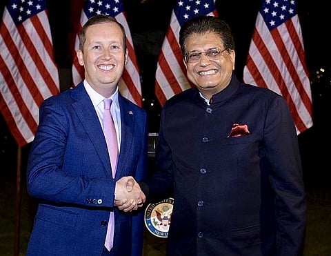 Union Minister of Commerce and Industry Piyush Goyal with Ambassador of US to India Sergio Gor during a reception hosted by the latter, in New Delhi. 