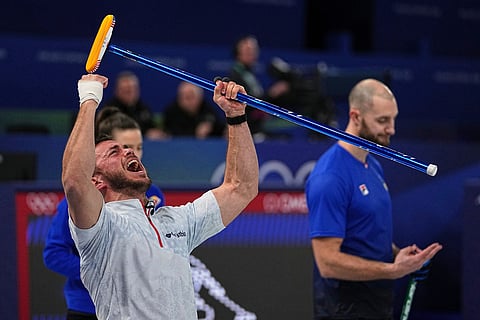 United States' Korey Dropkin reacts during the semi-finals round of the mixed doubles curling match against Italy, at the 2026 Winter Olympics, in Cortina d'Ampezzo, Italy.