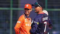 Netherlands Vs Namibia, ICC T20 World Cup 2026 Toss Update: NED Bowl First In Delhi - Check Playing XIs AP/Manish Swarup : Netherlands' captain Scott Edwards, left, smiles as Namibia's captain Gerhard Erasmus looks on during the T20 World Cup cricket match.
