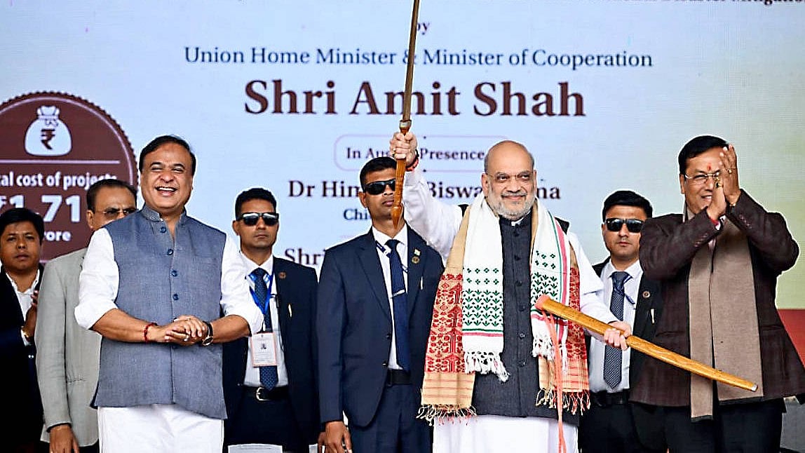 Union Home Minister Amit Shah, Assam Chief Minister Himanta Biswa Sarma and Union Minister Sarbananda Sonowal during a public rally after laying foundation stone for many development projects Dibrugarh, Jan 30.  - Source: IMAGO / ANI News