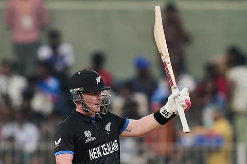 New Zealand's Tim Seifert celebrates his fifty runs during the T20 World Cup cricket match between New Zealand and United Arab Emirates in Chennai, India.