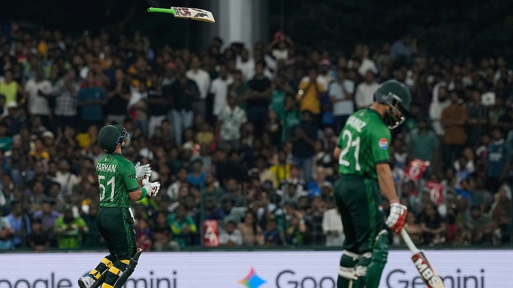 Pakistan's Sahibzada Farhan tosses his bat in the air after losing his wicket during the T20 World Cup cricket match between Pakistan and the United States in Colombo, Sri Lanka, Tuesday, Feb. 10, 2026. - Photo: AP