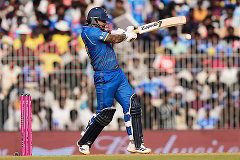 United Arab Emirates' Mayank Kumar plays a shot during the T20 World Cup cricket match between New Zealand and United Arab Emirates in Chennai, India.