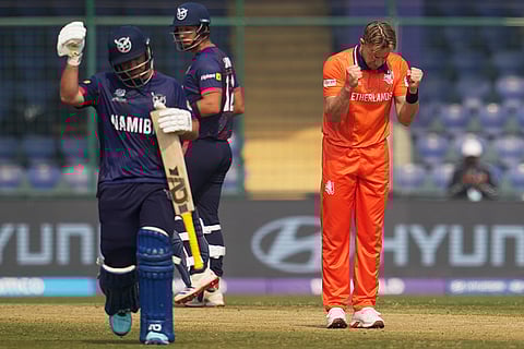 Netherlands' Logan van Beek, right, celebrates the dismissal of Namibia's Nicol Loftie-Eaton, left, during the T20 World Cup cricket match between Namibia and Netherlands in New Delhi.