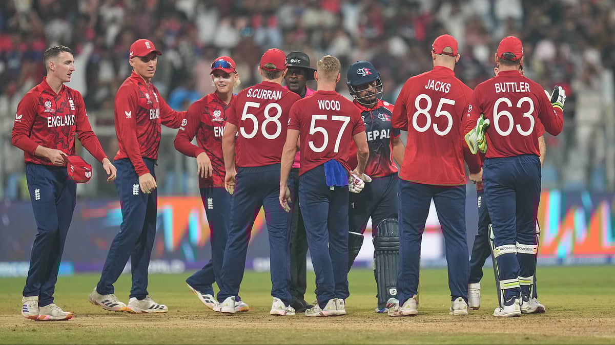 England players celebrate after wining against Nepal during the T20 World Cup cricket match in Mumbai, India, Sunday, Feb. 8, 2026. - | Photo: AP/Rafiq Maqbool