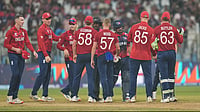 | Photo: AP/Rafiq Maqbool : England players celebrate after wining against Nepal during the T20 World Cup cricket match in Mumbai, India, Sunday, Feb. 8, 2026.