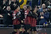 | Photo: Peter Byrne/PA via AP : Bournemouth's Amine Adli, right, celebrates scoring their side's second goal of the game Everton during their English Premier League soccer match in Liverpool, England.