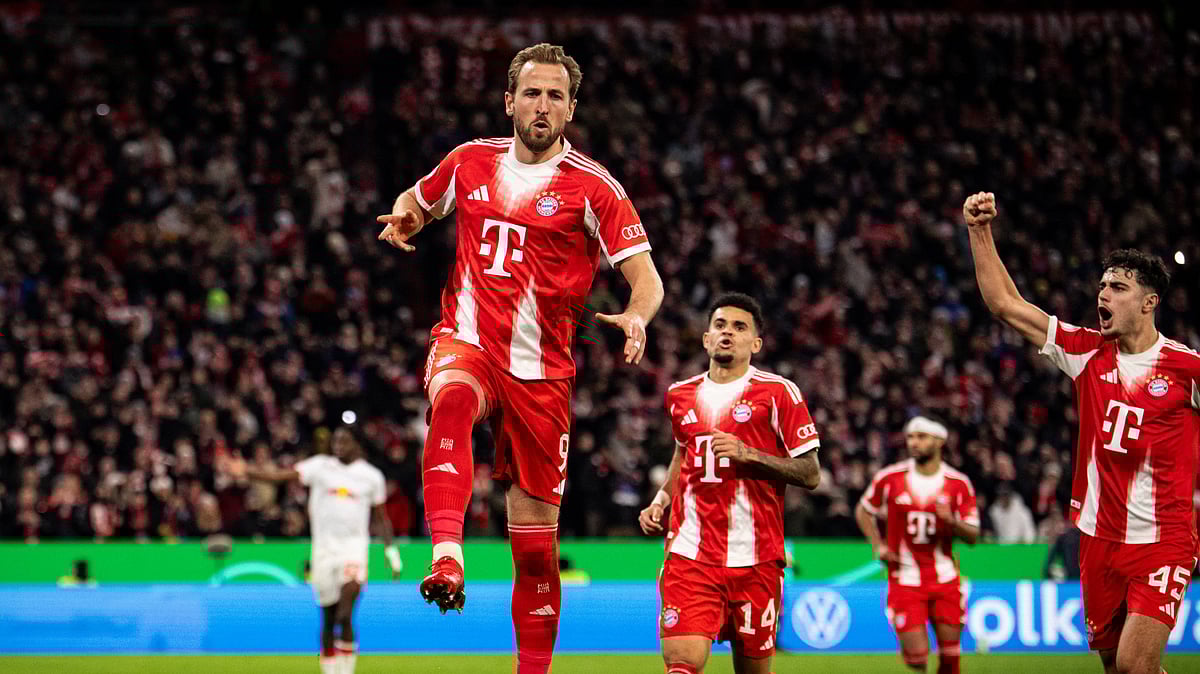 Harry Kane celebrates after scoring against RB Leipzig in DFC Pokal 2025-26 quarter-final.  - FCBayern/X