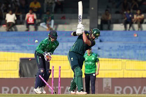 Australia's Matthew Renshaw is bowled out by Ireland's Matthew Humphreys during the T20 World Cup cricket match between Australia and Ireland in Colombo, Sri Lanka.