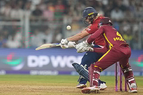 England's Jacob Bethell plays a shot during the T20 World Cup cricket match between England and West Indies in Mumbai, India.
