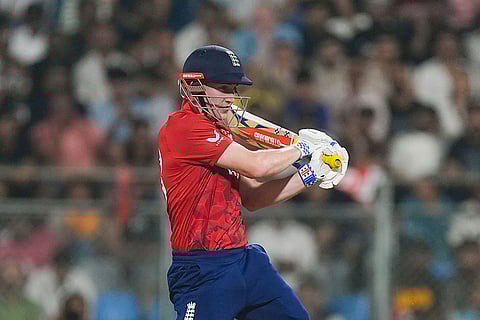 England's captain Harry Brook plays a shot during an ICC Men's T20 World Cup 2026 cricket match between England and West Indies, at the Wankhede Stadium, in Mumbai, Maharashtra.