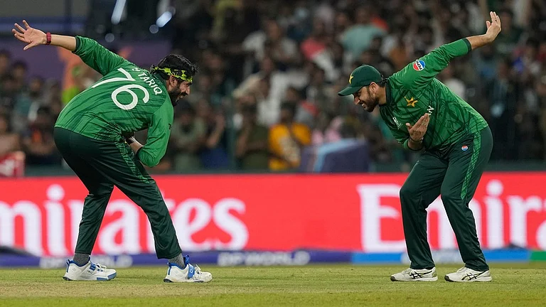 Pakistan's Usman Tariq, left, and captain Salman Agha celebrate the wicket of United States' Mohammad Mohsin during their T20 World Cup match in Colombo. - AP
