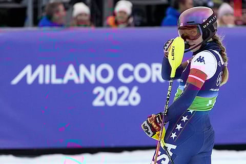 United States' Mikaela Shiffrin at the finish area during an alpine ski, slalom portion of a women's team combined race, at the 2026 Winter Olympics, in Cortina d'Ampezzo, Italy.
