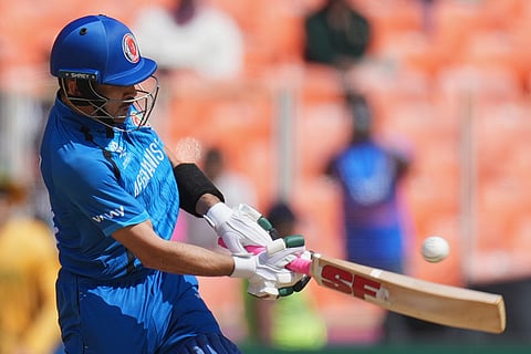 Afghanistan's Rahmanullah Gurbaz plays a shot during the T20 World Cup cricket match between Afghanistan and South Africa in Ahmedabad.