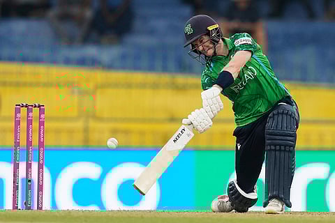 Ireland's George Dockrell bats during the T20 World Cup cricket match between Australia and Ireland in Colombo, Sri Lanka.