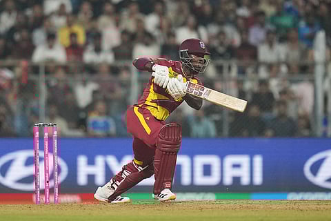 West Indies' Sherfane Rutherford plays a shot during the T20 World Cup cricket match between England and West Indies in Mumbai, India.