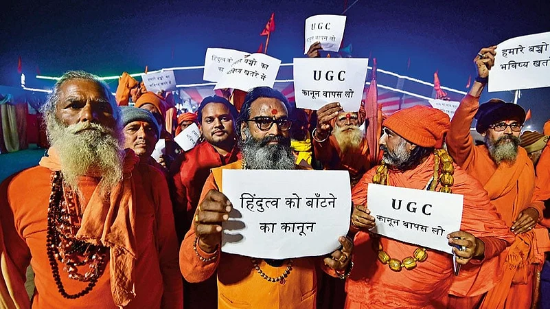 Ekdandi sadhus protest against the UGC’s equity regulations at Sangam during the Magh Mela