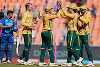 | Photo: AP/Ajit Solanki : South Africa cricketers celebrate the win over Afghanistan in super over during the T20 World Cup cricket match between Afghanistan and South Africa in Ahmedabad.