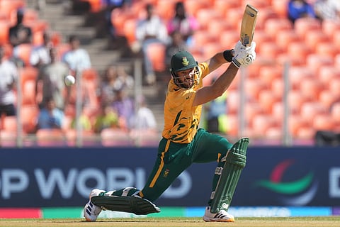 South Africa's captain Aiden Markram plays a shot during the T20 World Cup cricket match between Afghanistan and South Africa in Ahmedabad.