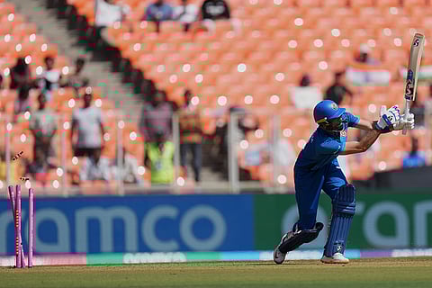 Afghanistan's Ibrahim Zardan bowled out by South Africa's Lungi Ngidi during the T20 World Cup cricket match between Afghanistan and South Africa in Ahmedabad.